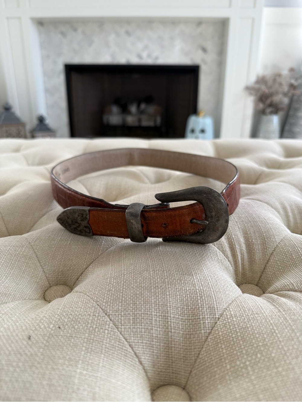 Classic Brown Leather Belt with Antiqued Metal Buckle